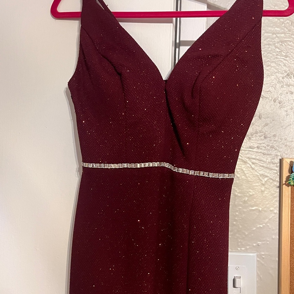 Prom dress spaghetti strap, Burgundy  with Silver Accents